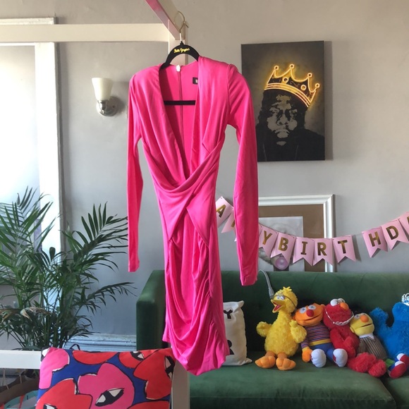 Nookie envy mini dress neon pink sleek long sleeve shoulder pads size S NWT - Picture 12 of 14